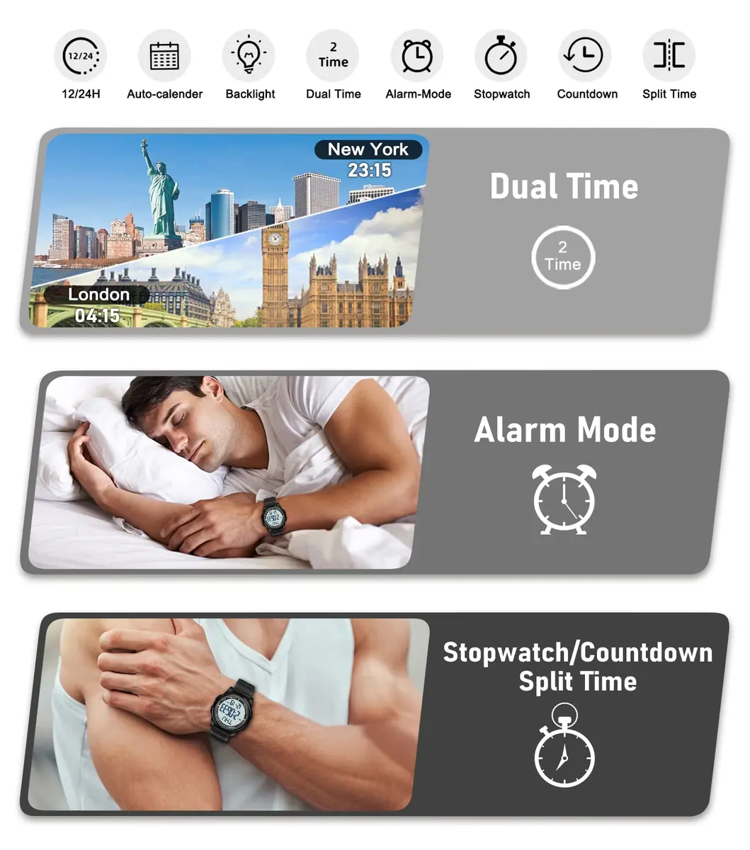 Beeasy Digital Watch for Men Women | 50M Waterproof, Ultra-Thin & Lightweight, 44mm Silicone Sports Watch with Alarm, Stopwatch, Countdown - view 7