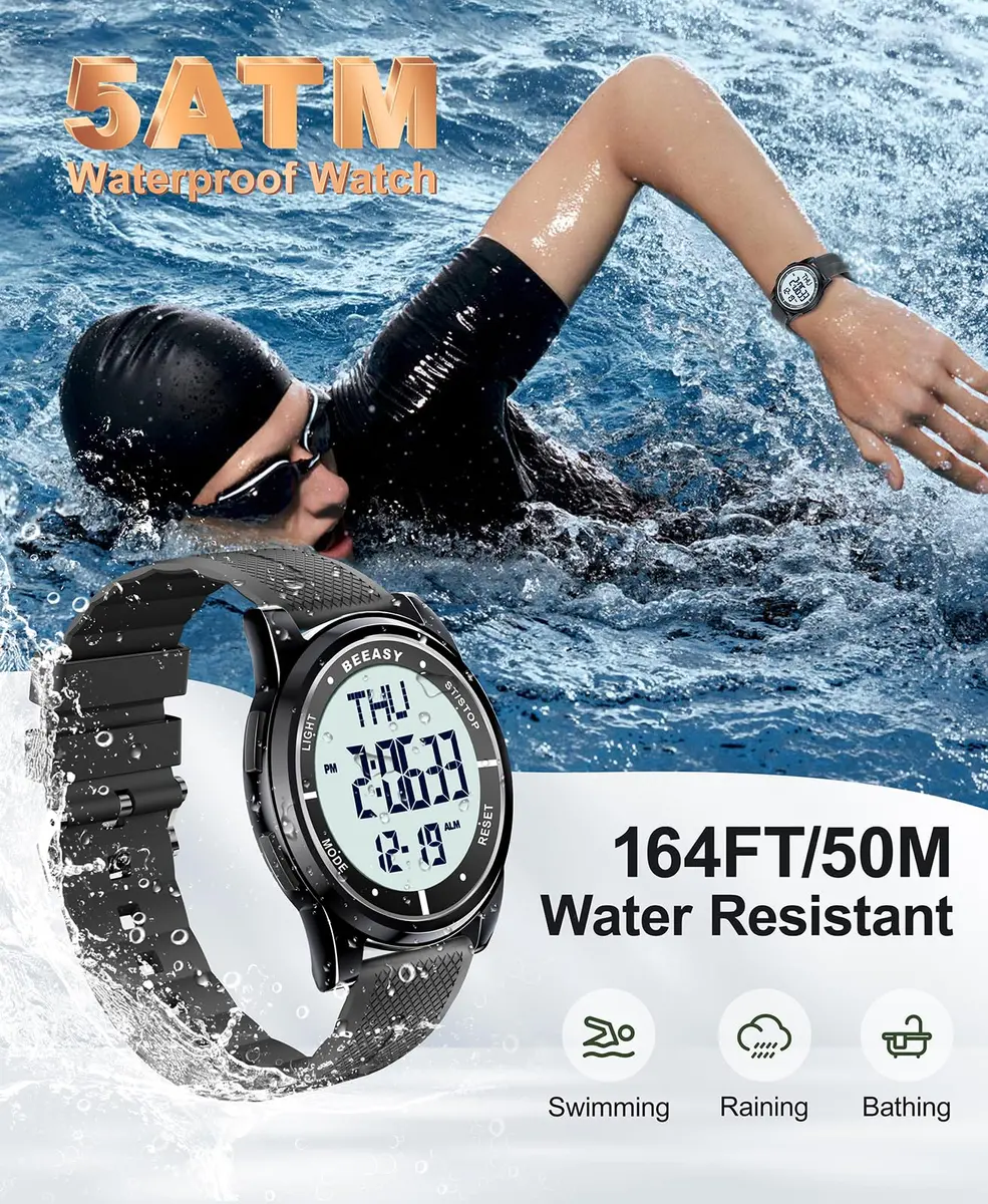 Beeasy Digital Watch for Men Women | 50M Waterproof, Ultra-Thin & Lightweight, 44mm Silicone Sports Watch with Alarm, Stopwatch, Countdown - view 2