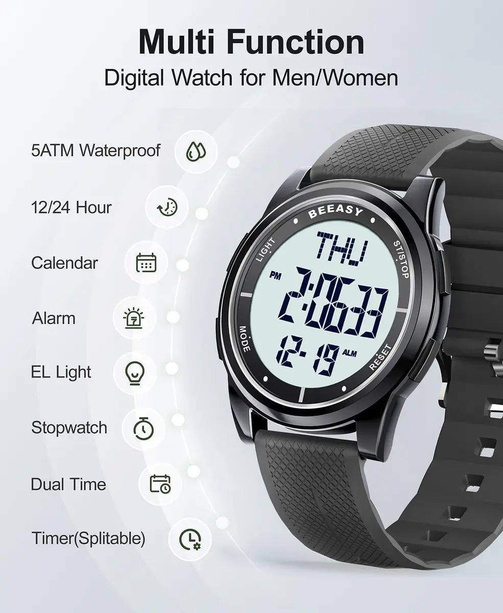 Beeasy Digital Watch for Men Women | 50M Waterproof, Ultra-Thin & Lightweight, 44mm Silicone Sports Watch with Alarm, Stopwatch, Countdown - view 3