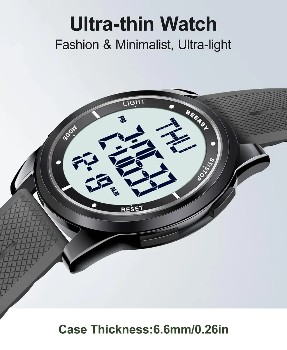Beeasy Digital Watch for Men Women | 50M Waterproof, Ultra-Thin & Lightweight, 44mm Silicone Sports Watch with Alarm, Stopwatch, Countdown - view 4