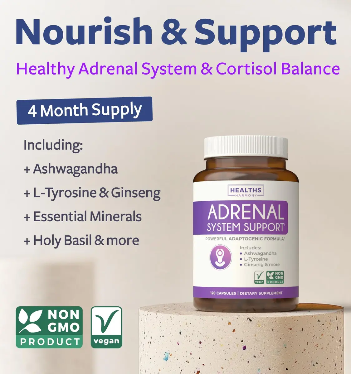 Healths Harmony Adrenal Support & Cortisol Manager 120 Capsules | Non-GMO Stress & Fatigue Relief - view 2