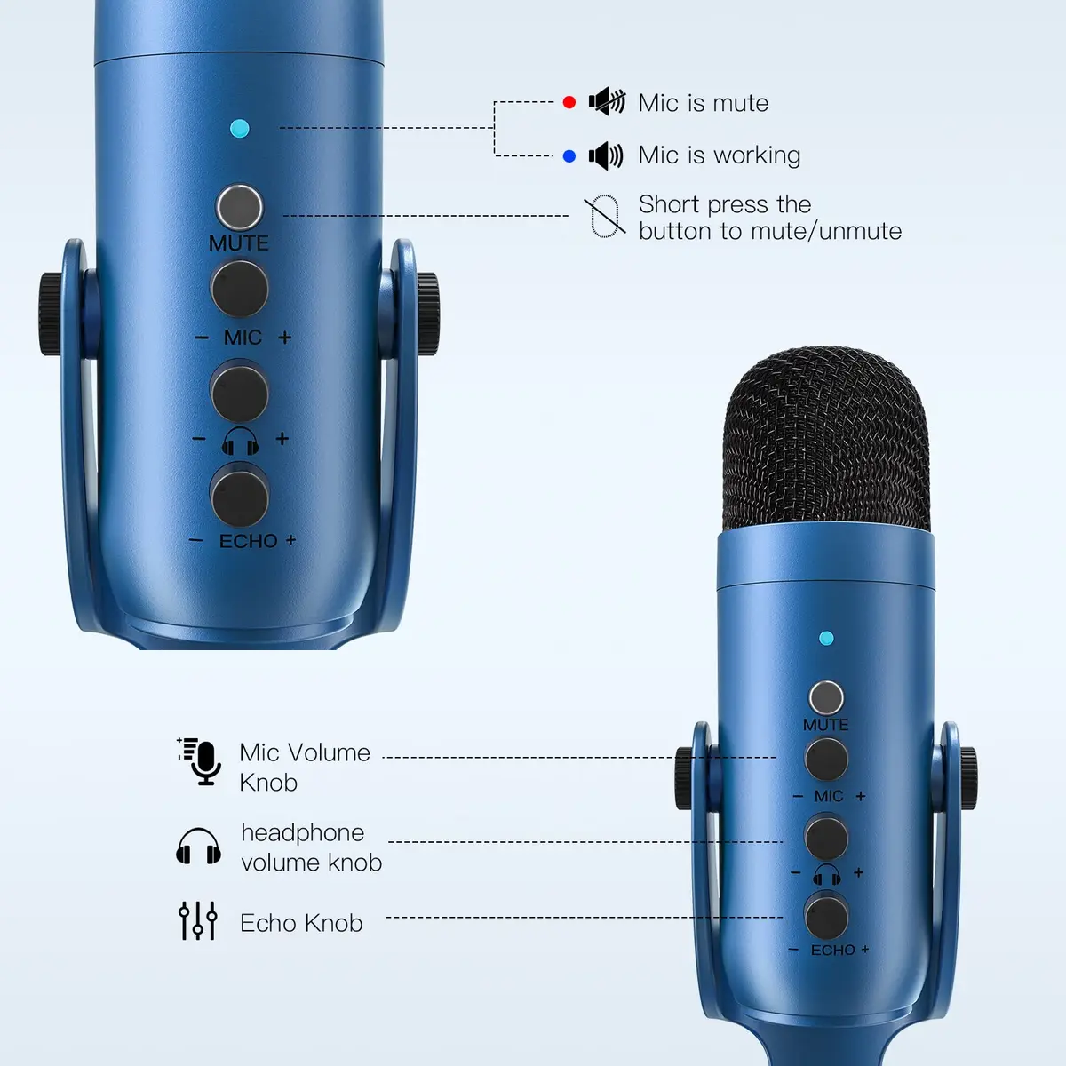 ZealSound Podcast Microphone for PC | Noise Cancellation USB Mic with Gain & Mute Button (Blue) - view 5