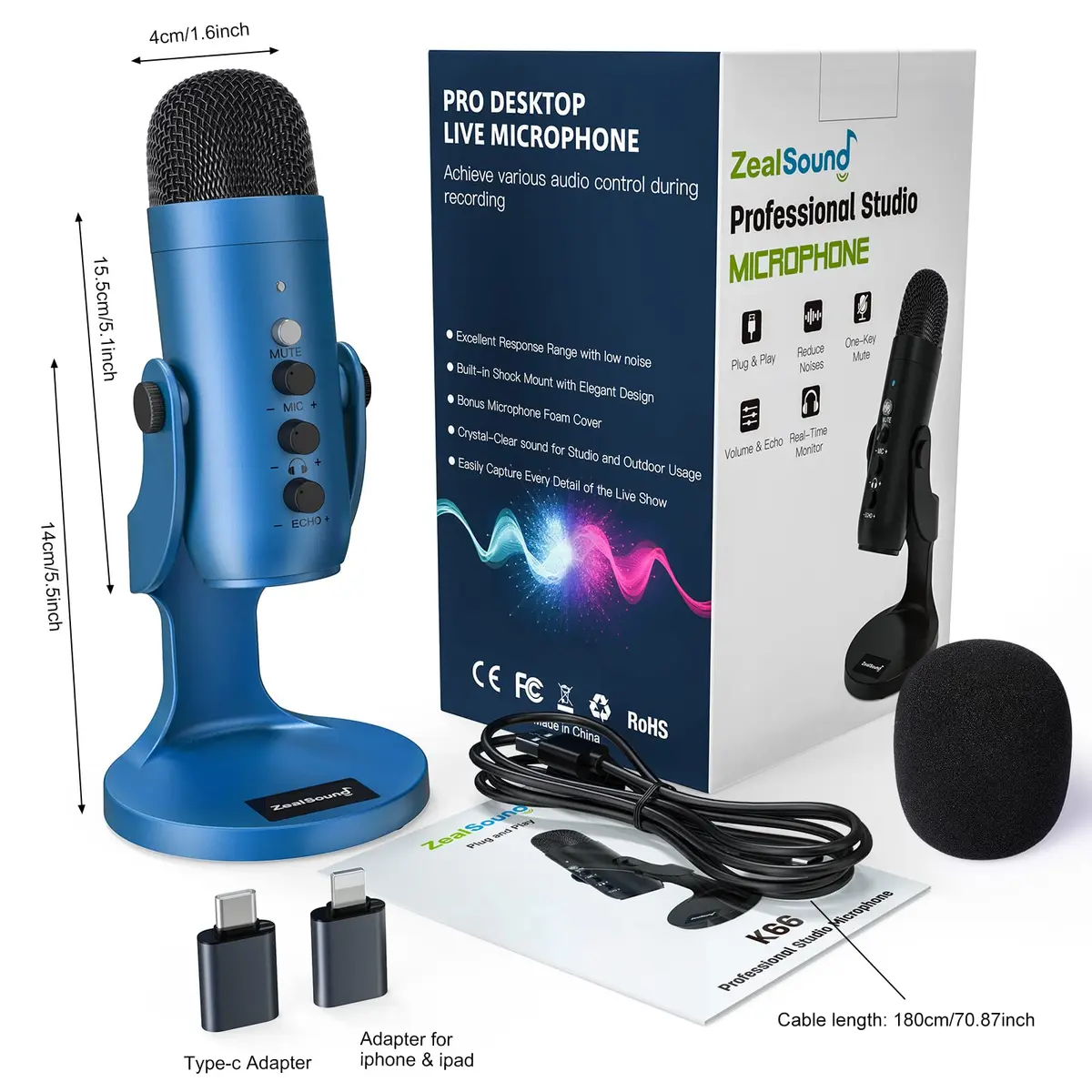 ZealSound Podcast Microphone for PC | Noise Cancellation USB Mic with Gain & Mute Button (Blue) - view 8