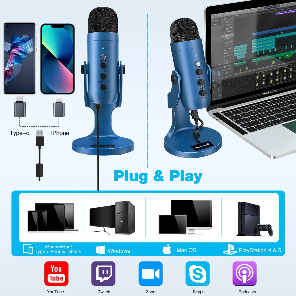 ZealSound Podcast Microphone for PC | Noise Cancellation USB Mic with Gain & Mute Button (Blue) - view 2