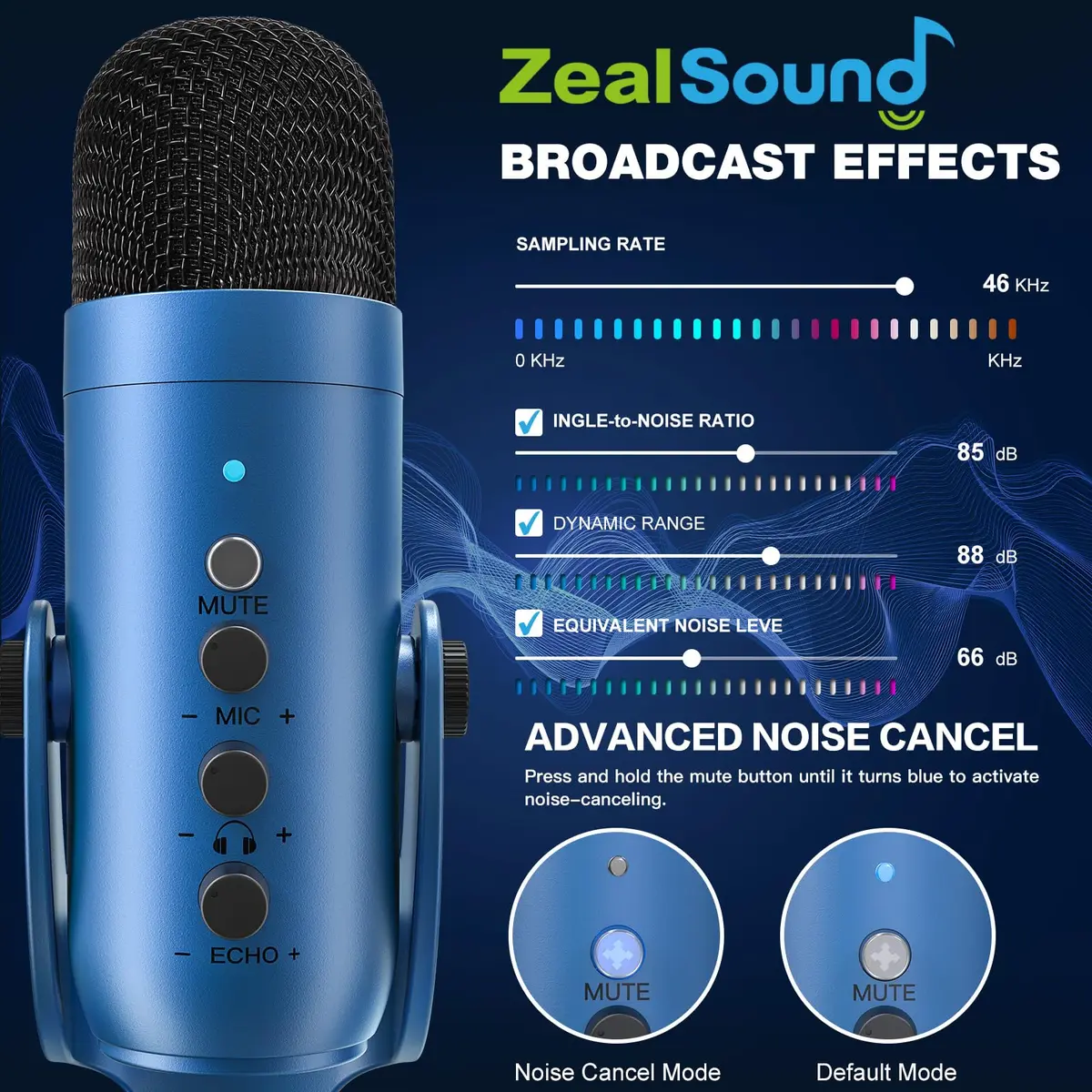 ZealSound Podcast Microphone for PC | Noise Cancellation USB Mic with Gain & Mute Button (Blue) - view 3