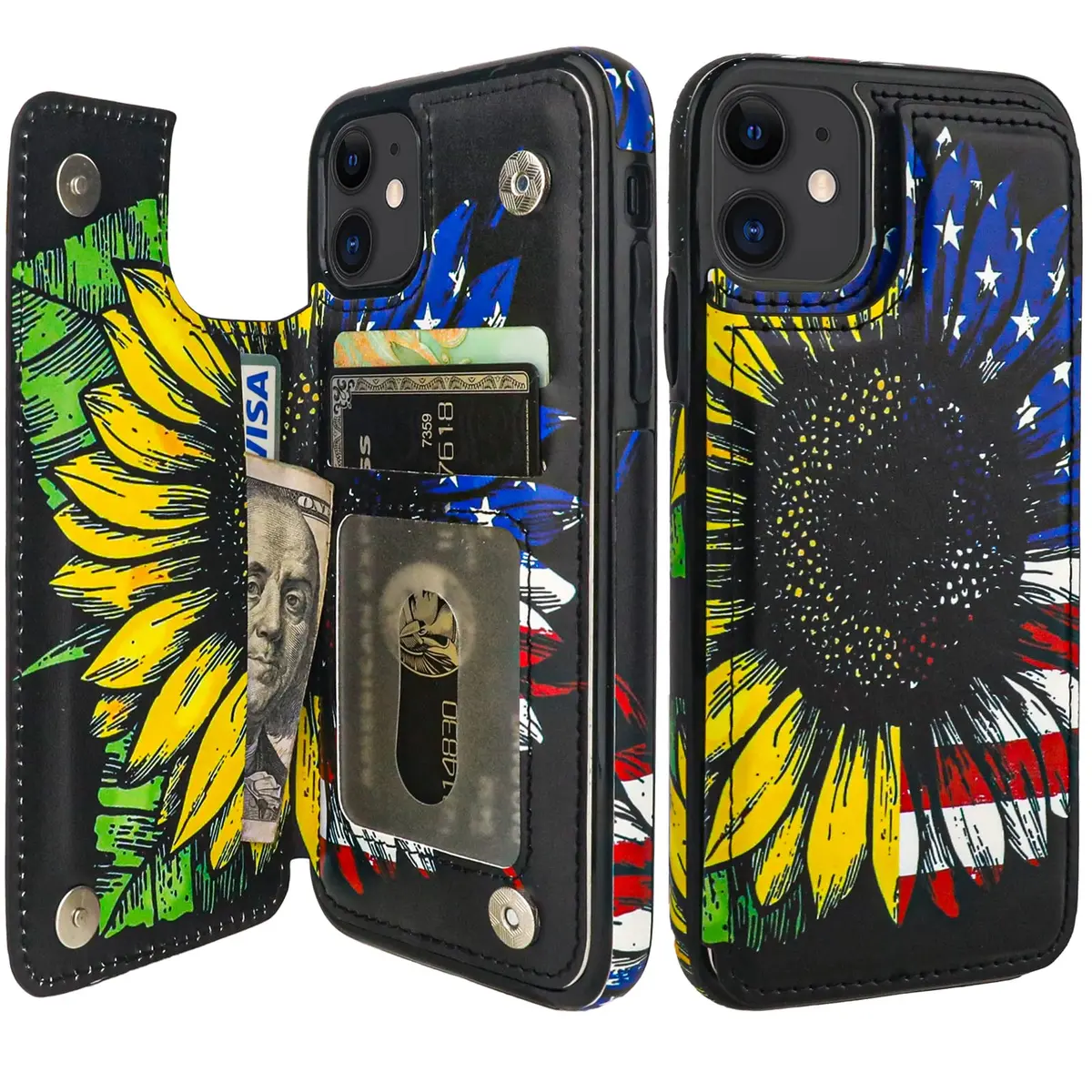 HAOPINSH Wallet Case Card Holder for iPhone 11 | US Flag Sunflowers Pattern | Shockproof & RFID Block - main product image