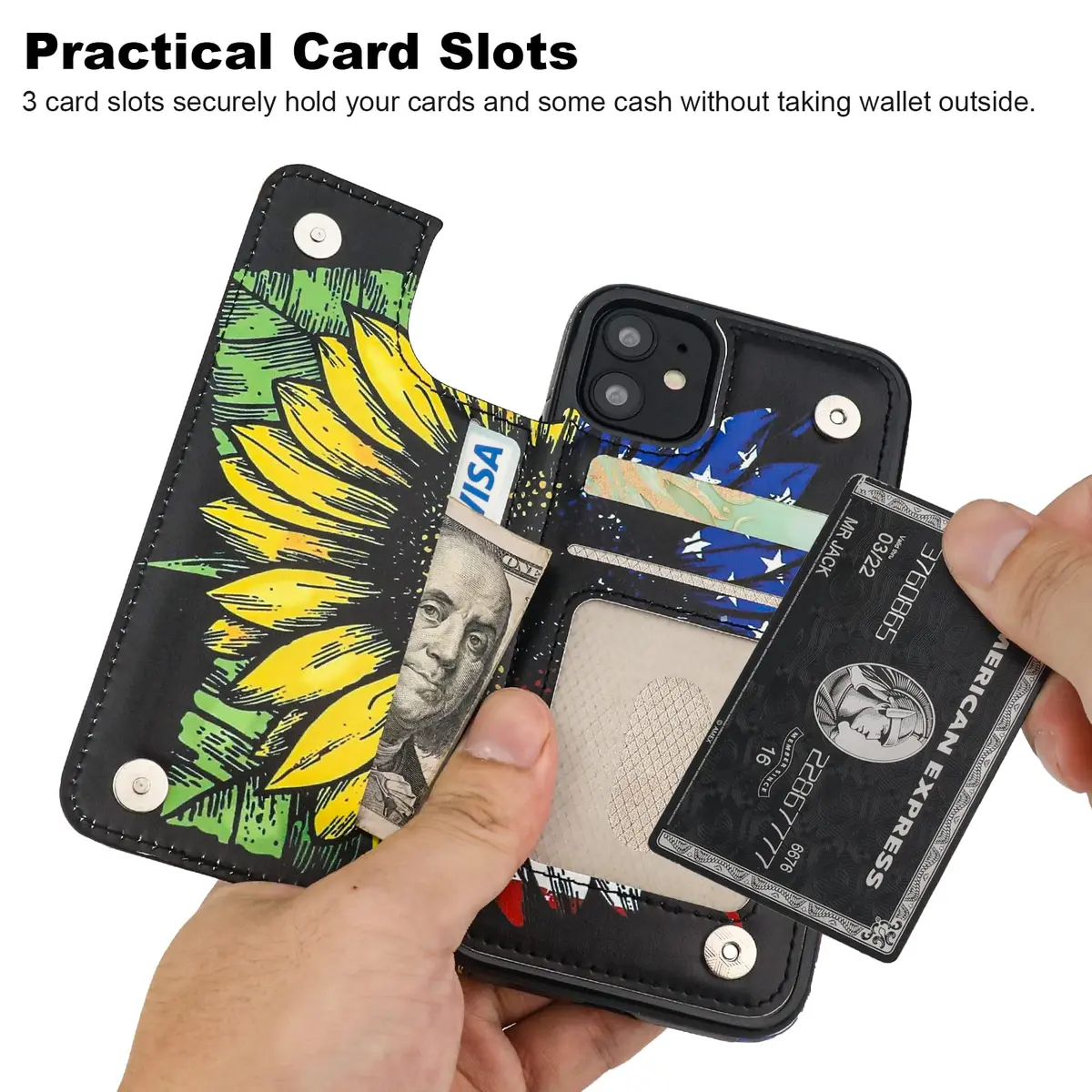 HAOPINSH Wallet Case Card Holder for iPhone 11 | US Flag Sunflowers Pattern | Shockproof & RFID Block - view 3