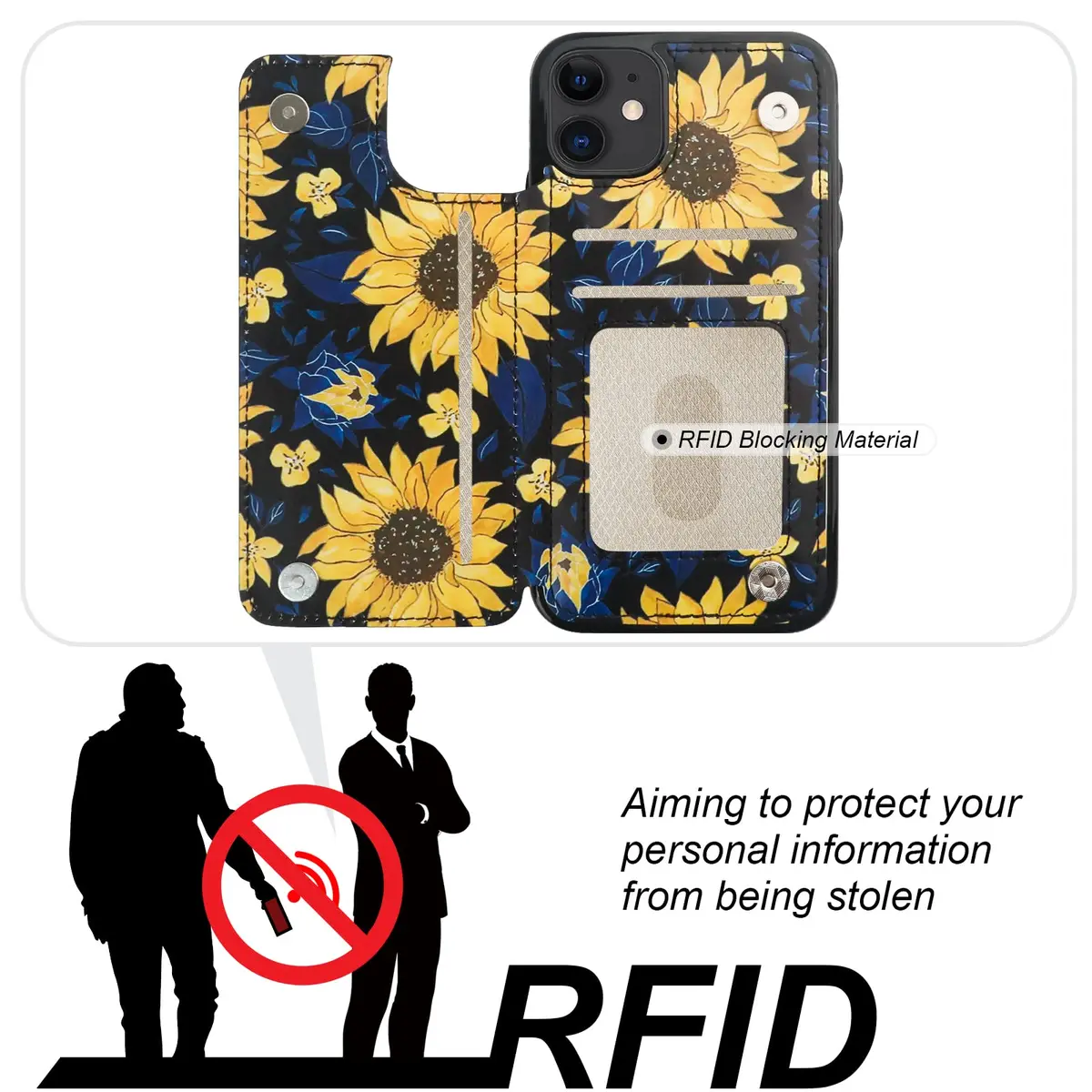 HAOPINSH Wallet Case Card Holder for iPhone 11 | Blooming Sunflowers Pattern, RFID Blocking, Shockproof, Flip Cover (6.1") - view 4