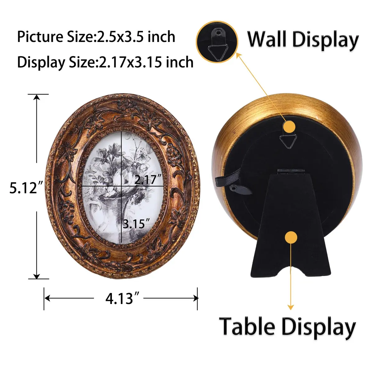 SIKOO 2.5×3.5 Oval Vintage Picture Frame Bronze Gold | Antique Mini Photo Frame with Velvet Easel - view 5