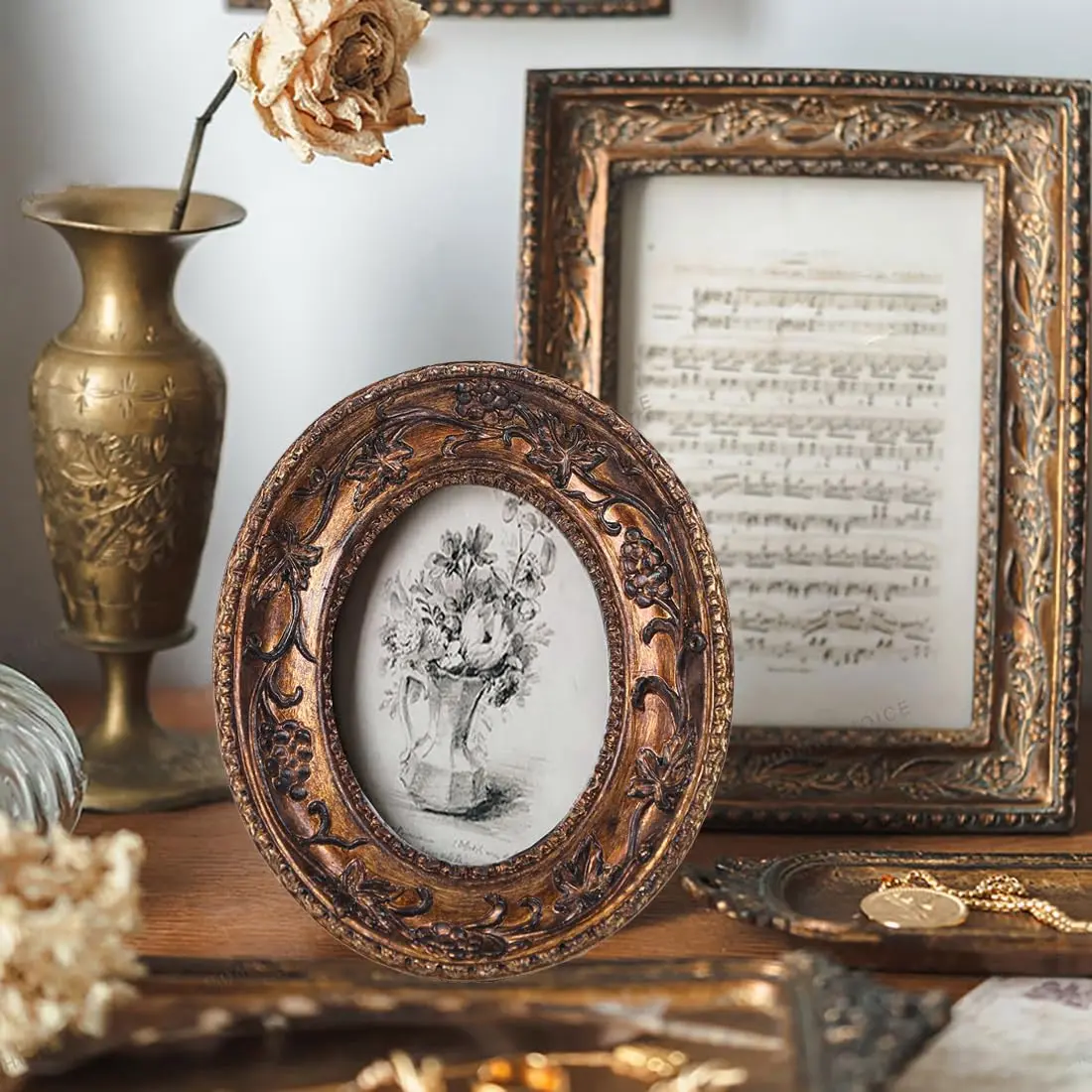 SIKOO 2.5×3.5 Oval Vintage Picture Frame Bronze Gold | Antique Mini Photo Frame with Velvet Easel - view 2