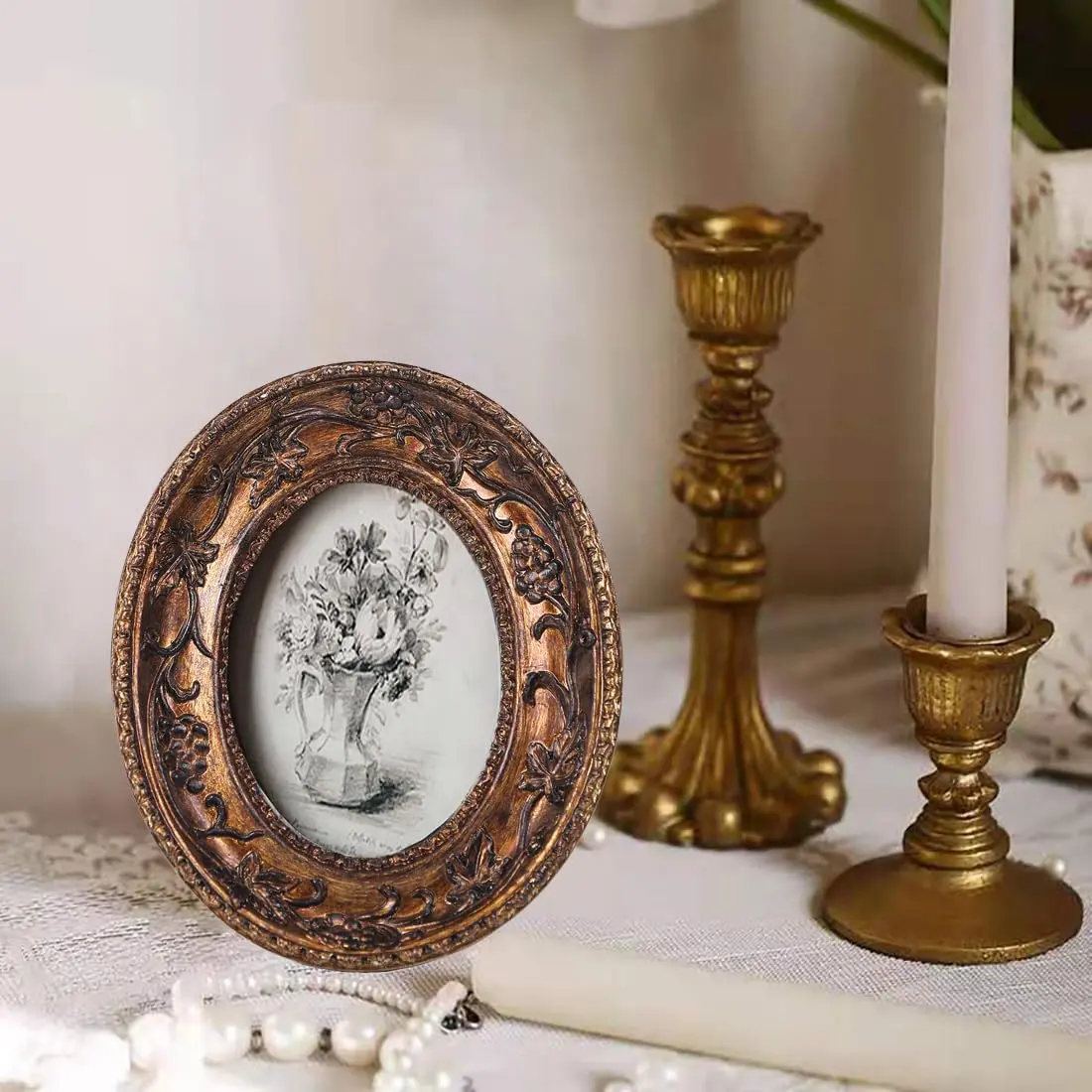 SIKOO 2.5×3.5 Oval Vintage Picture Frame Bronze Gold | Antique Mini Photo Frame with Velvet Easel - view 4