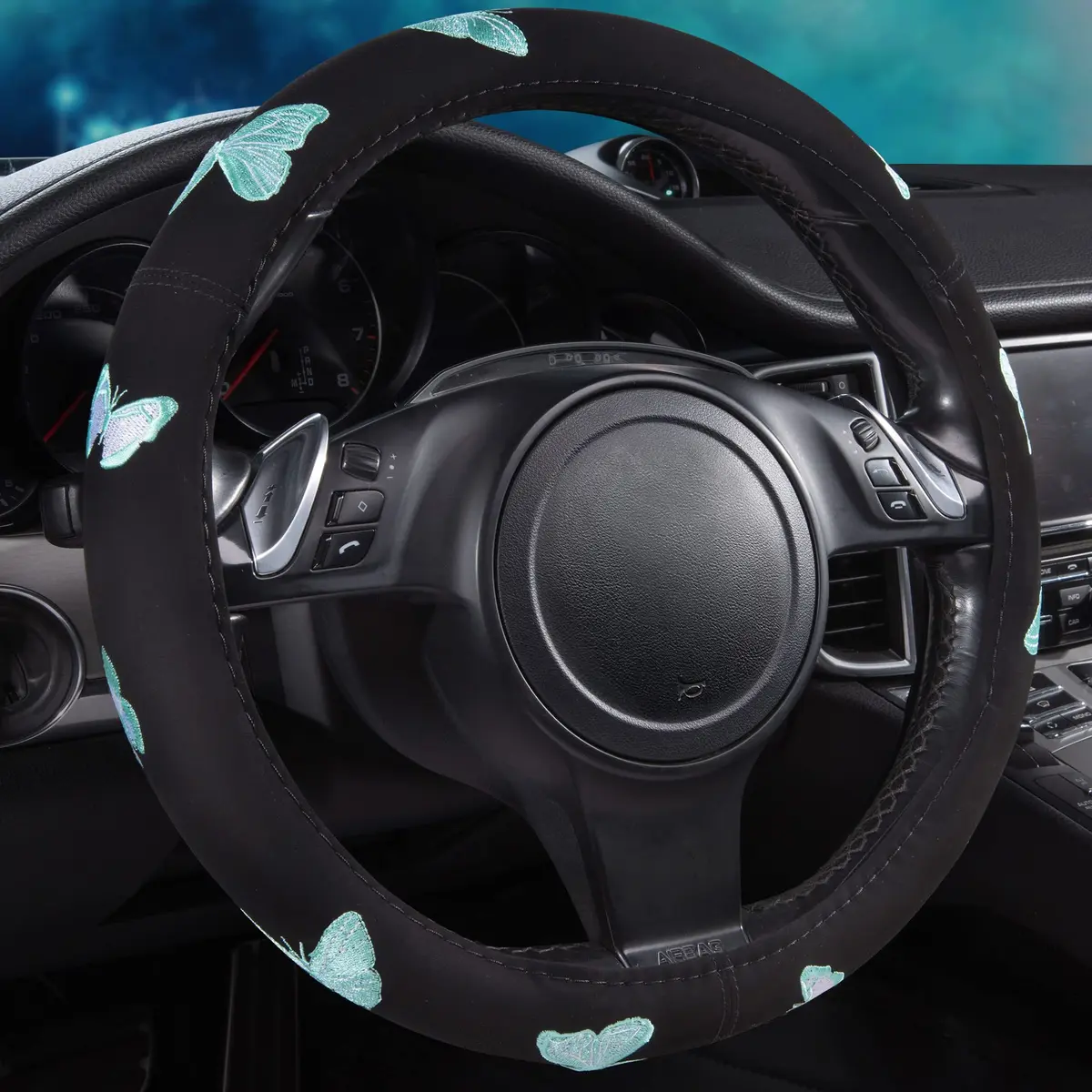Car Pass Mint Embroidery Butterfly Steering Wheel Cover | Universal 15 Inch Car Wheel Protector for Women Girls - main product image