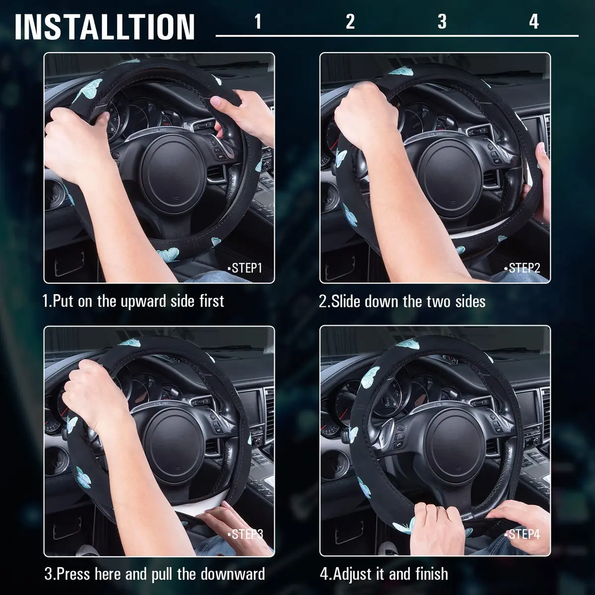 Car Pass Mint Embroidery Butterfly Steering Wheel Cover | Universal 15 Inch Car Wheel Protector for Women Girls - view 5