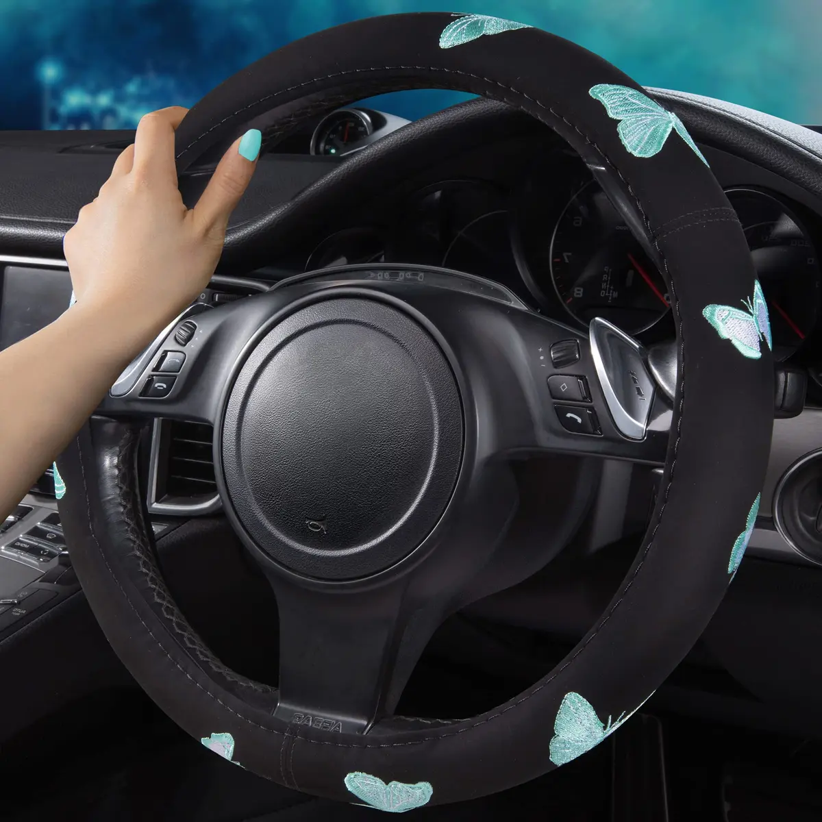 Car Pass Mint Embroidery Butterfly Steering Wheel Cover | Universal 15 Inch Car Wheel Protector for Women Girls - view 6