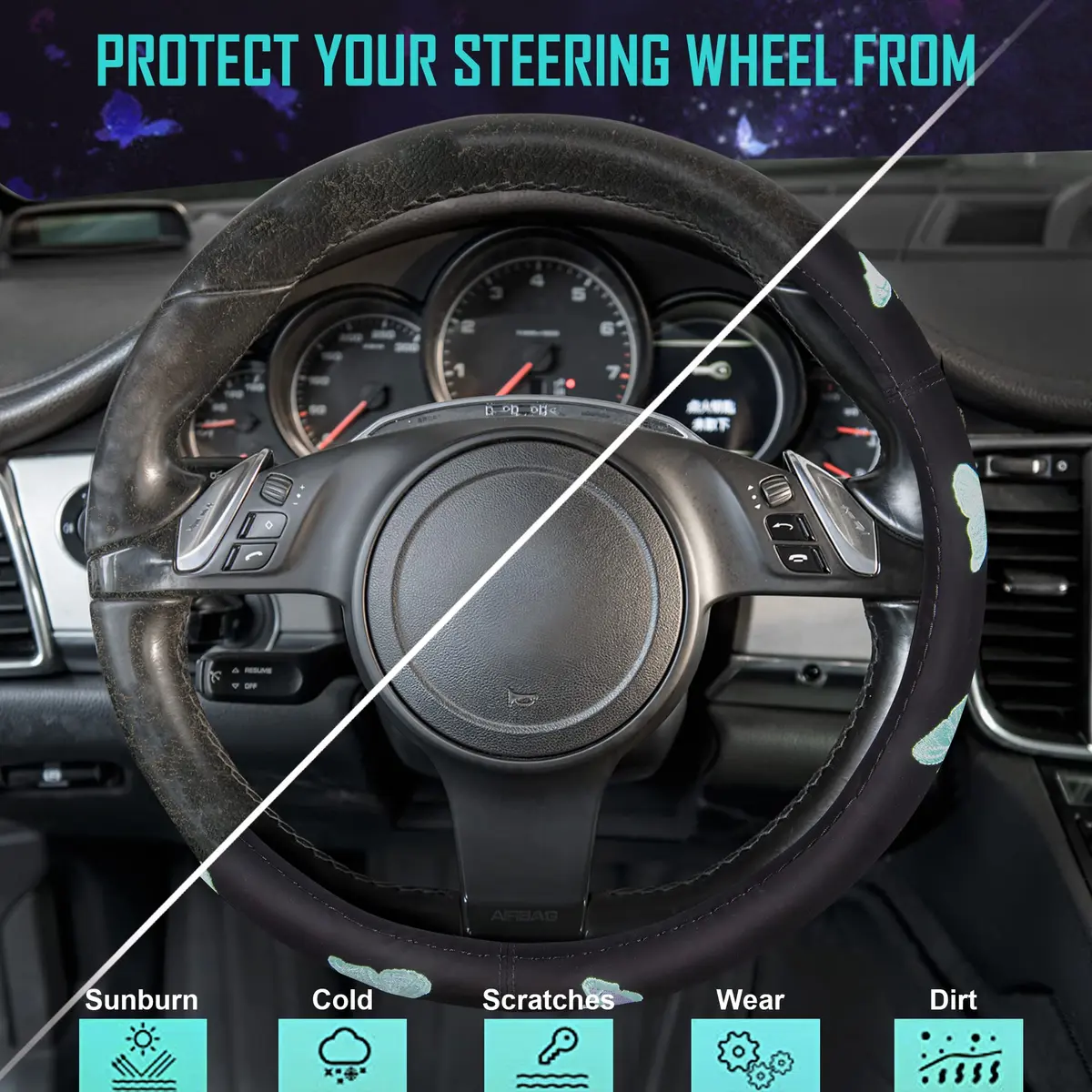 Car Pass Mint Embroidery Butterfly Steering Wheel Cover | Universal 15 Inch Car Wheel Protector for Women Girls - view 2