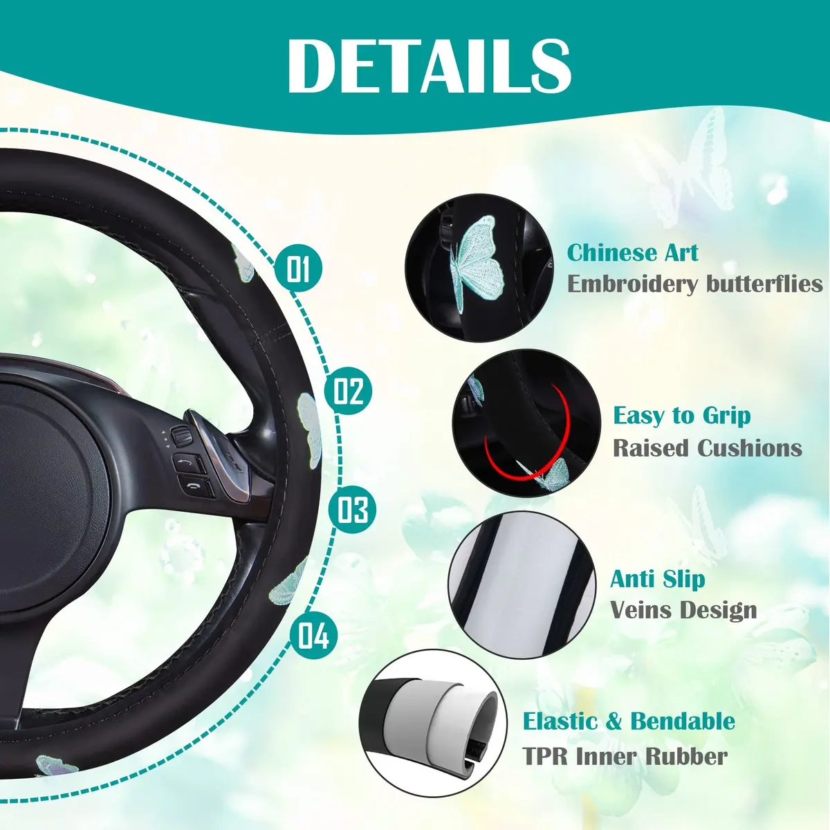 Car Pass Mint Embroidery Butterfly Steering Wheel Cover | Universal 15 Inch Car Wheel Protector for Women Girls - view 3