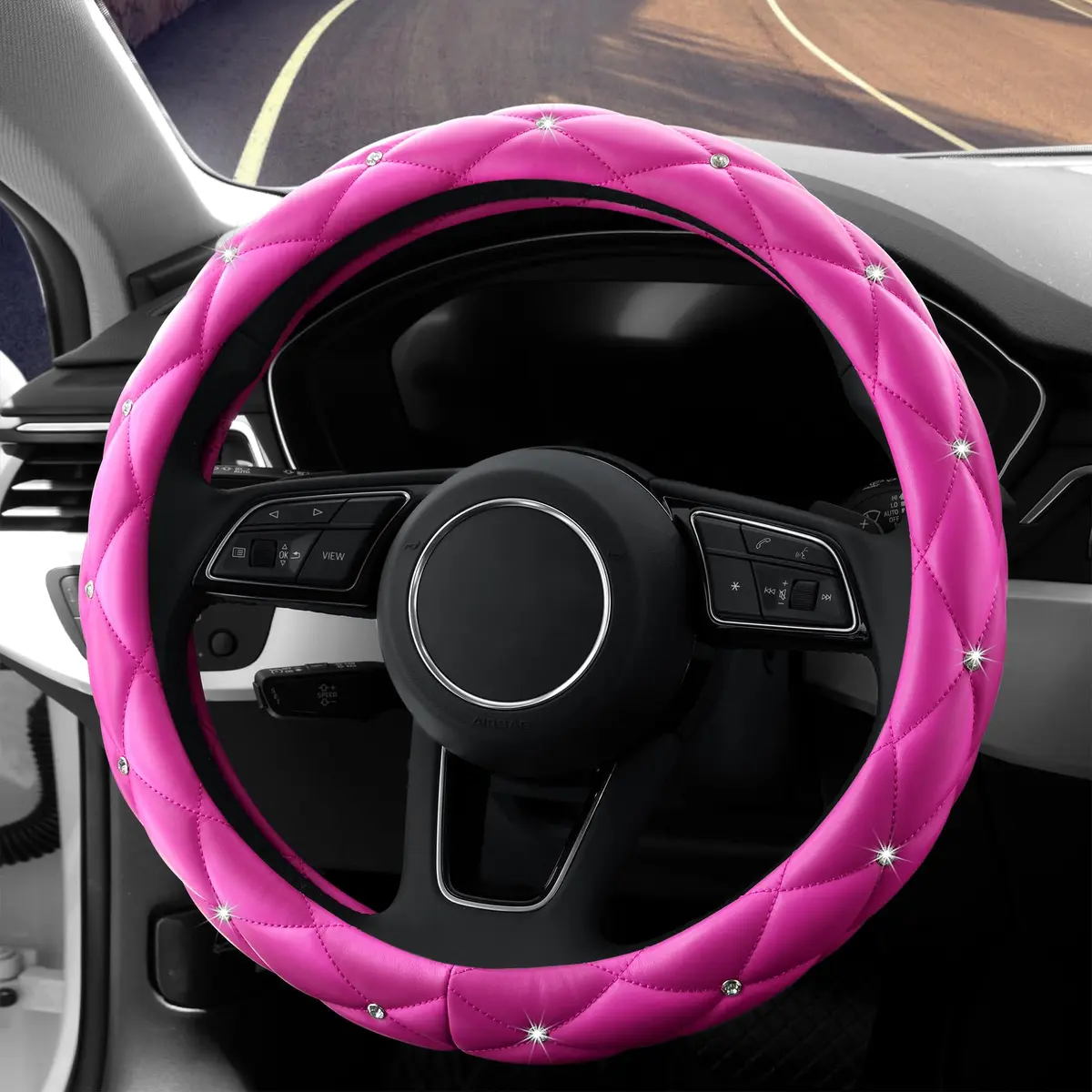 YOGURTCK Pink Steering Wheel Cover 15 Inch | Bling Crystal Rhinestones for Women Girls - main product image