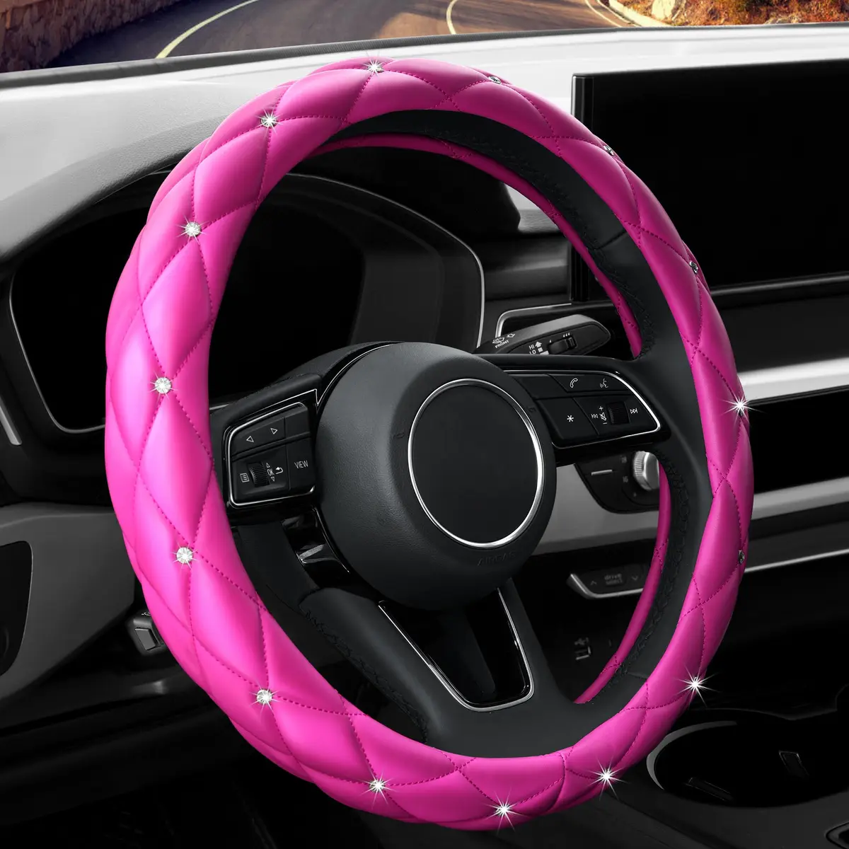 YOGURTCK Pink Steering Wheel Cover 15 Inch | Bling Crystal Rhinestones for Women Girls - view 2