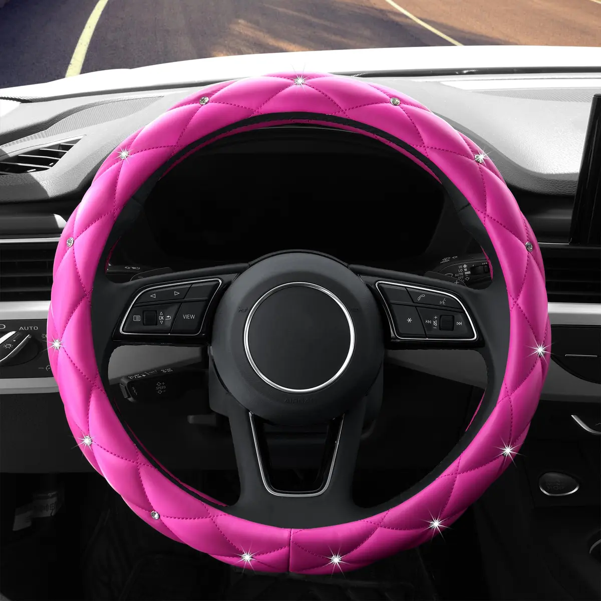 YOGURTCK Pink Steering Wheel Cover 15 Inch | Bling Crystal Rhinestones for Women Girls - view 3
