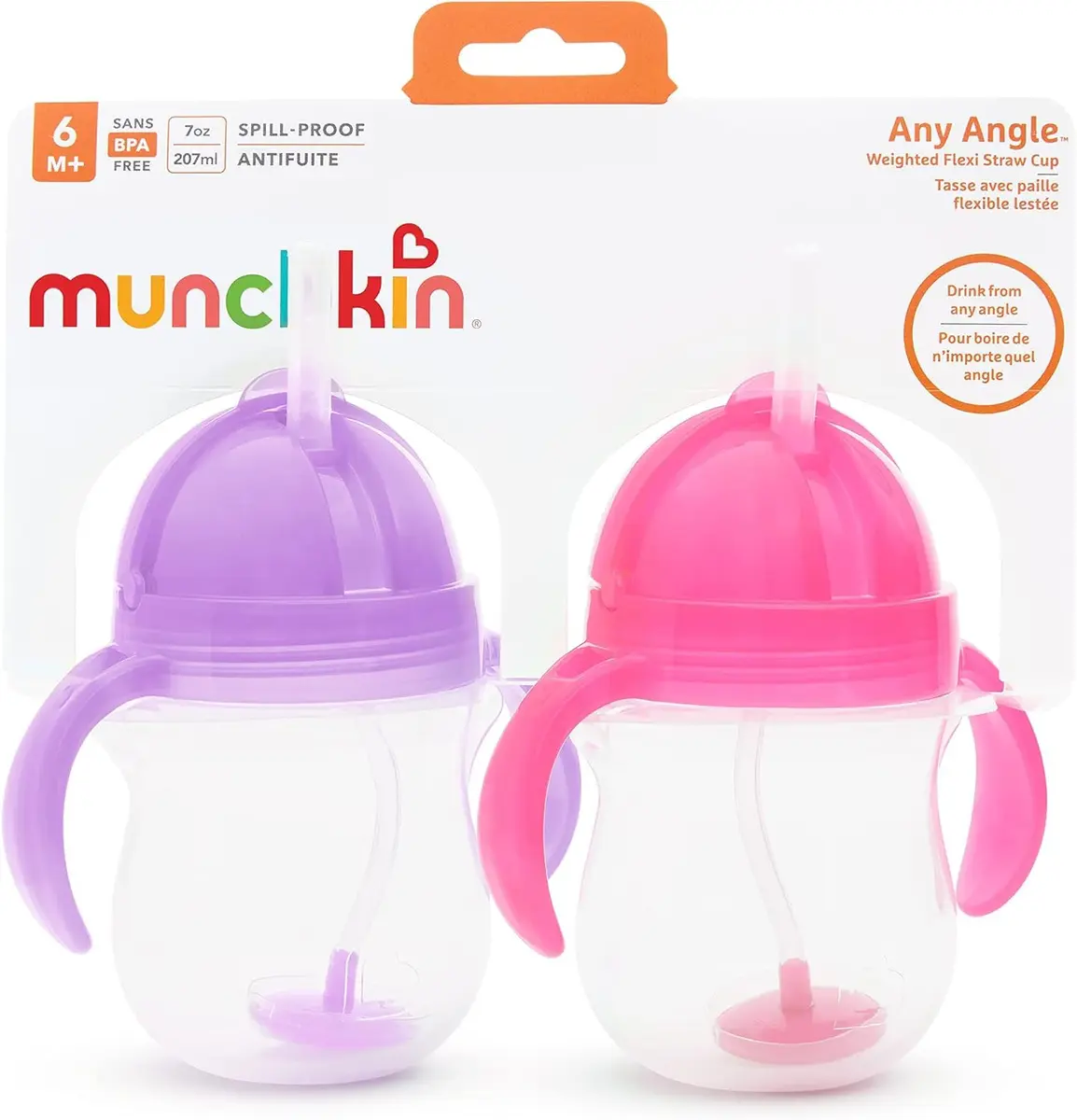 Munchkin Any Angle Sippy Cups, 7 Ounce | Leak-Proof, 2 Pack, Pink/Purple, BPA-Free - view 8