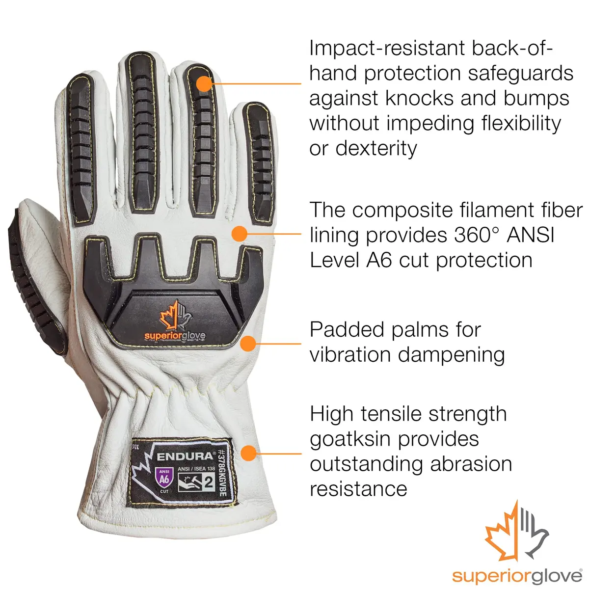 Superior Glove Goatskin Leather Work Gloves Size Small | Impact & Cut Resistant, Vibration Dampening - view 3