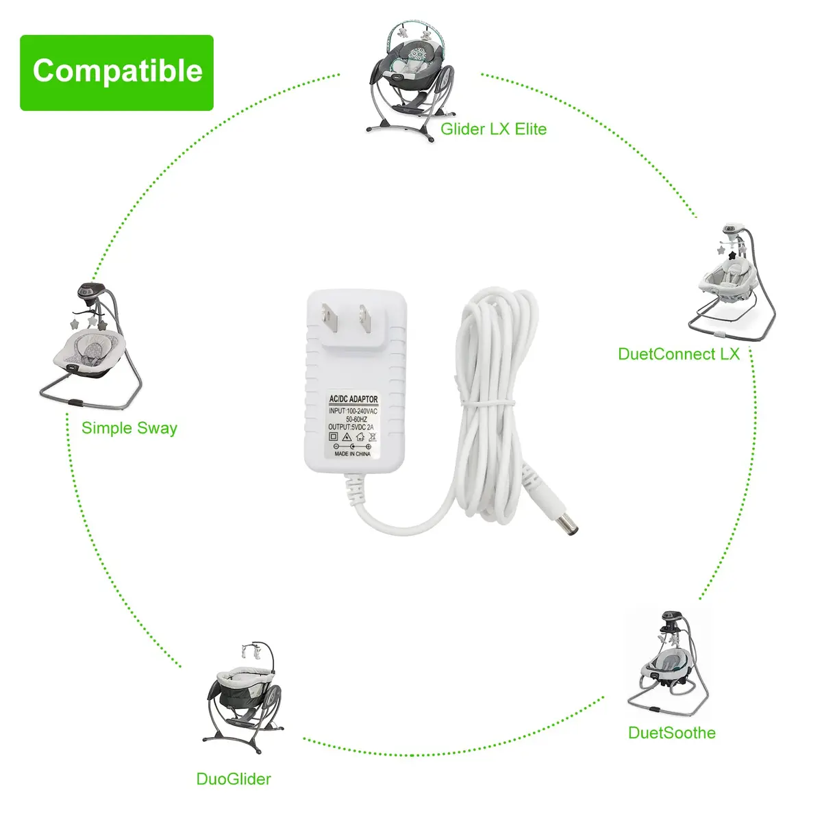 PDEEY 5V Baby Swing Power Cord | Compatible for Graco & Nova Baby Swing, 6ft Cable, 5V 1-2A Output, No LED Indicator - view 2