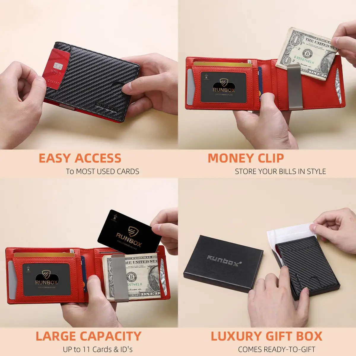 RUNBOX Slim Money Clip Wallets for Men and Teen Boys RFID Blocking 11 Card Holder Small Leather Bifold Gift Box - view 3