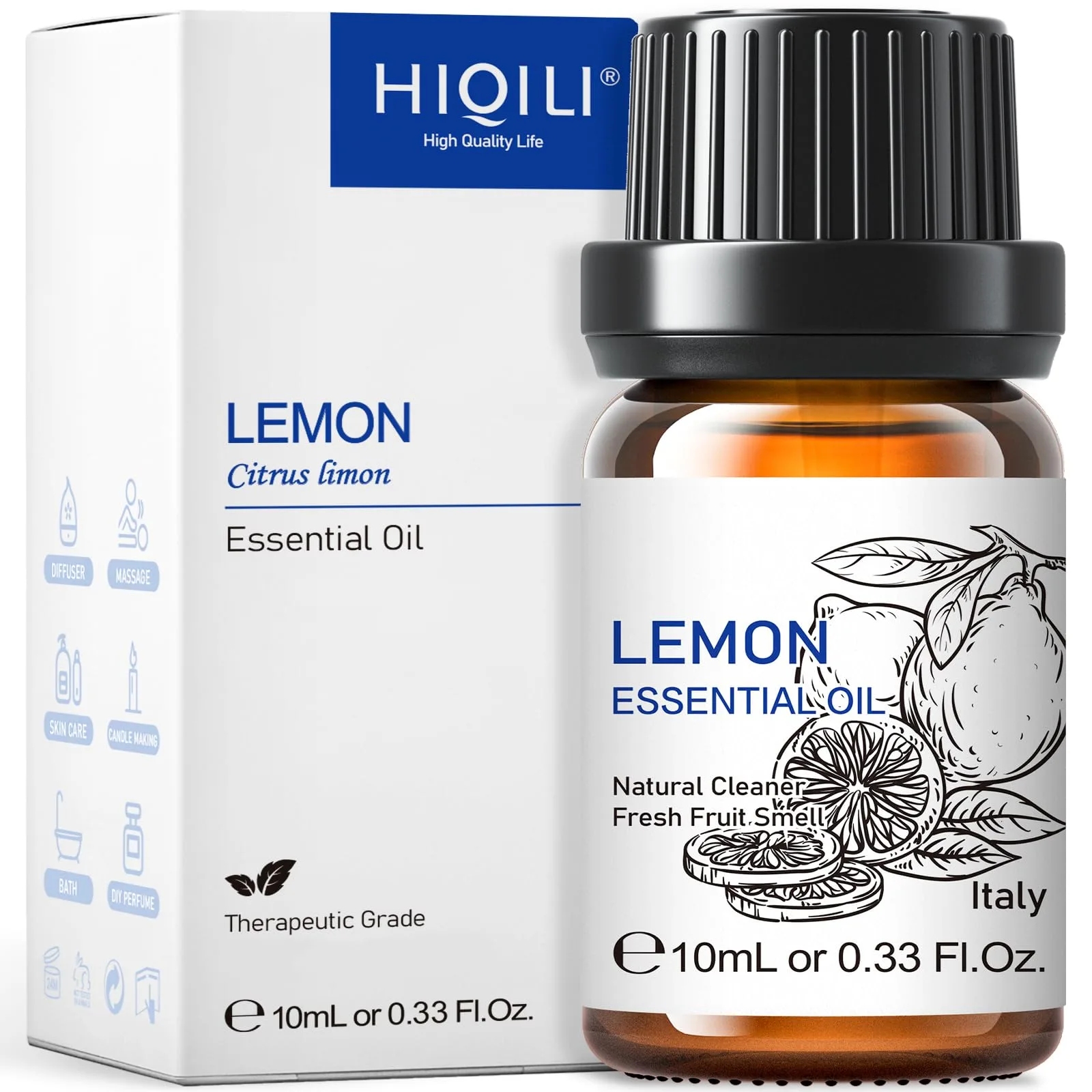 HIQILI Lemon Essential Oil, 10ML (0.33 Fl Oz) | Pure Cold-Pressed Italian Lemon Scent for Cleaning & Aromatherapy - main product image