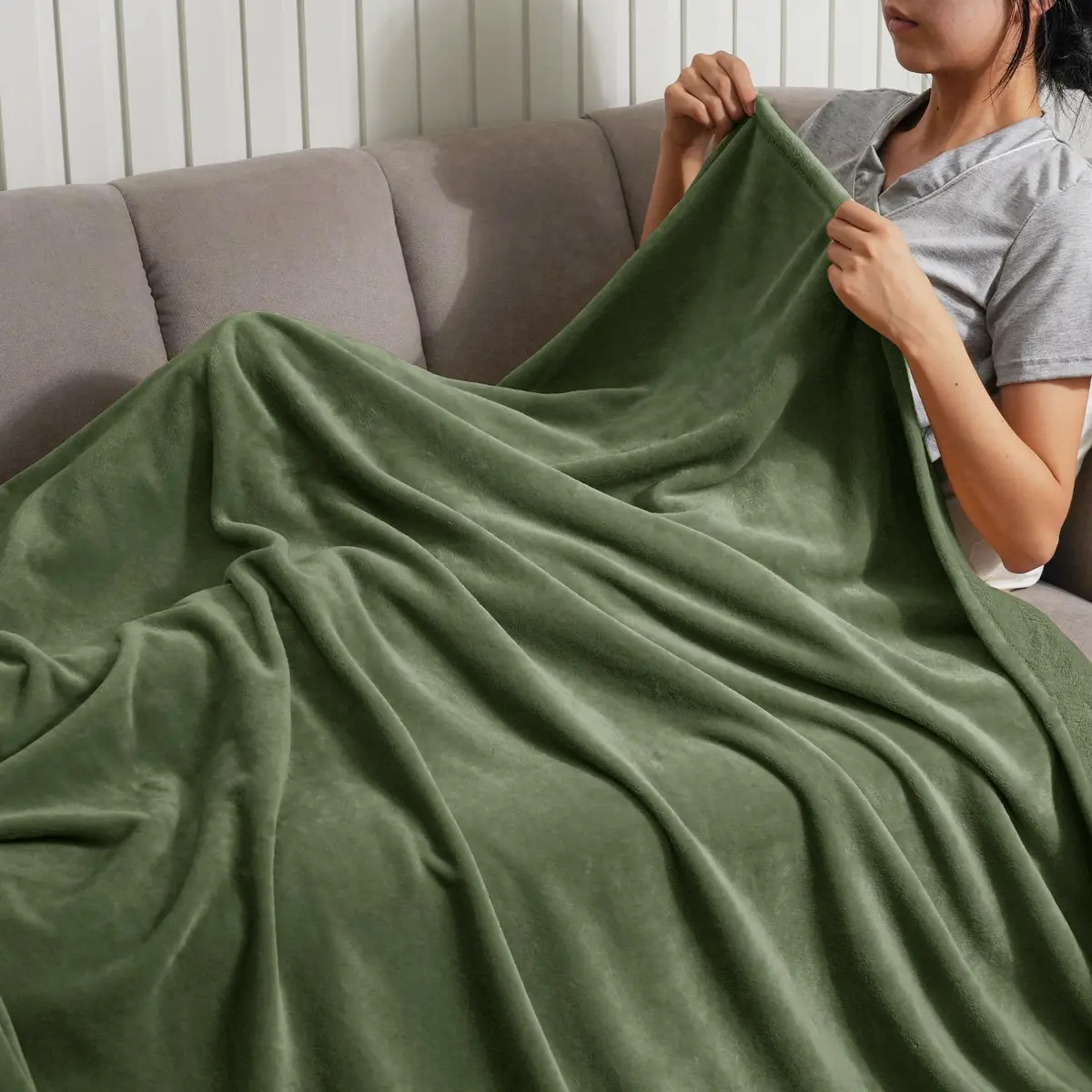 PHF Fleece Throw Blanket 50x60cm | Lightweight Airy Warmth, Olive Green - view 2