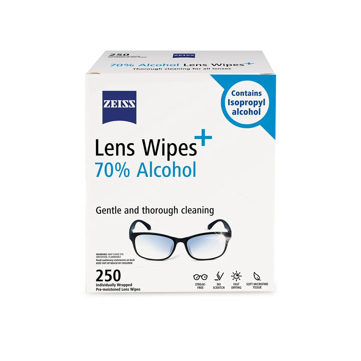 ZEISS Pre-Moistened Lens Cleaning Wipes with 70% Alcohol, 250 Count | Streak-Free Clarity for Optics - main product image