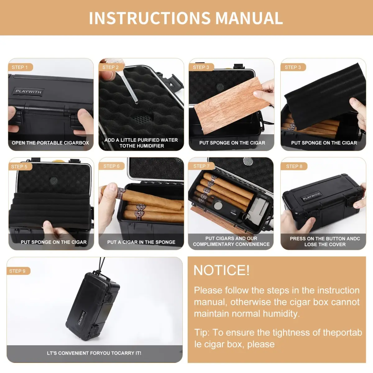 PLAYWITH Travel Cigar Humidor Box Case with Accessories & Spanish Cedar — 12-15 Cigar Capacity, Waterproof & Crushproof - view 7
