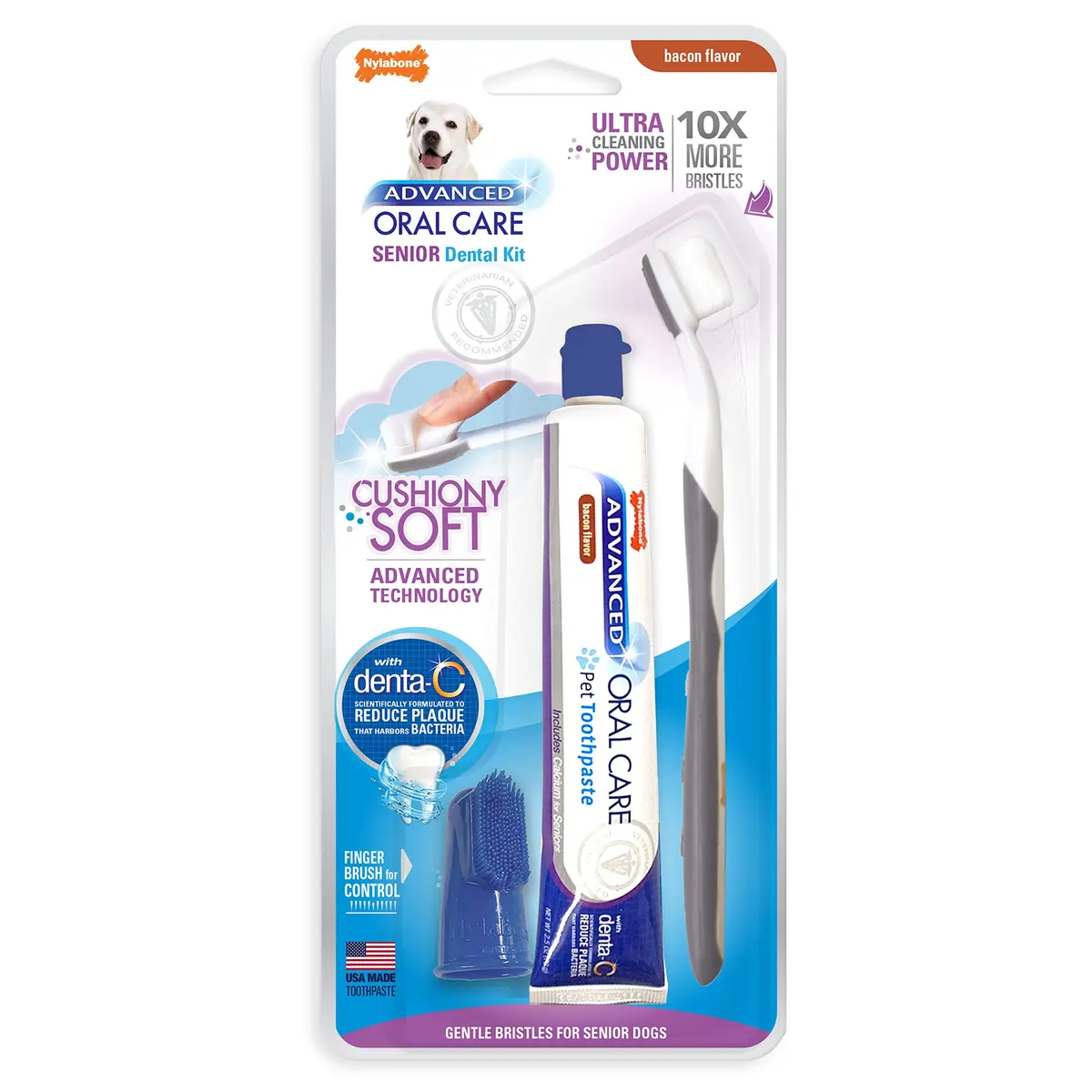 Nylabone Advanced Oral Care Senior Dog Dental Kit with Cushiony Soft-Bristle Toothbrush & Bacon Toothpaste (2.5 oz Tube) - main product image