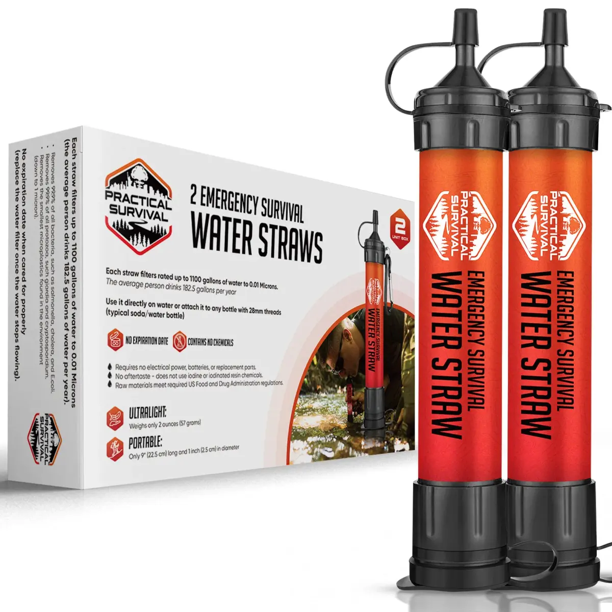 Practical Survival Emergency Water Straws (2-Pack) | Filters 1800 Gallons Each | Lightweight & Reusable - main product image