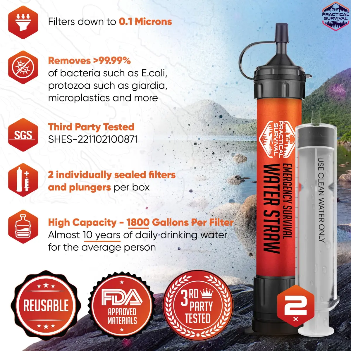 Practical Survival Emergency Water Straws (2-Pack) | Filters 1800 Gallons Each | Lightweight & Reusable - view 2