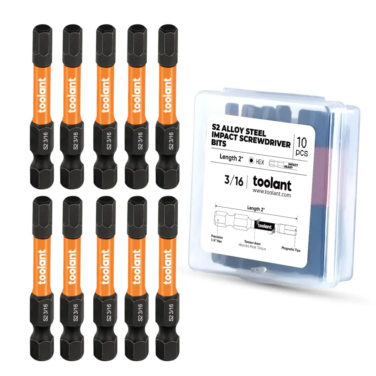 toolant 3/16-inch Impact Hex Bit Set, 10-Piece, 2-inch | S2 Steel, CNC-Machined, Magnetic Tips - main product image