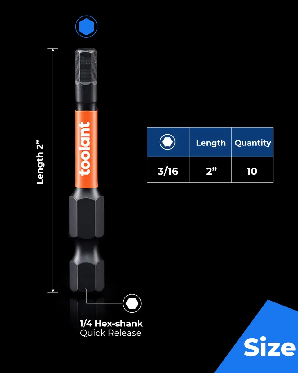 toolant 3/16-inch Impact Hex Bit Set, 10-Piece, 2-inch | S2 Steel, CNC-Machined, Magnetic Tips - view 5