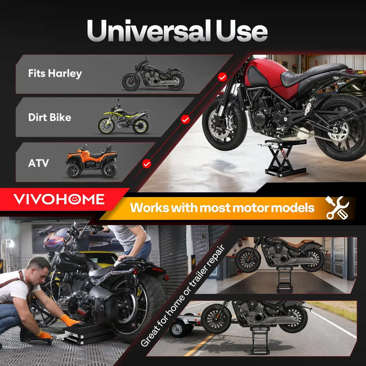 VIVOHOME 1100 LBS Motorcycle Lift Scissor Jack Wide Deck Black | Heavy-Duty Garage Support - view 5