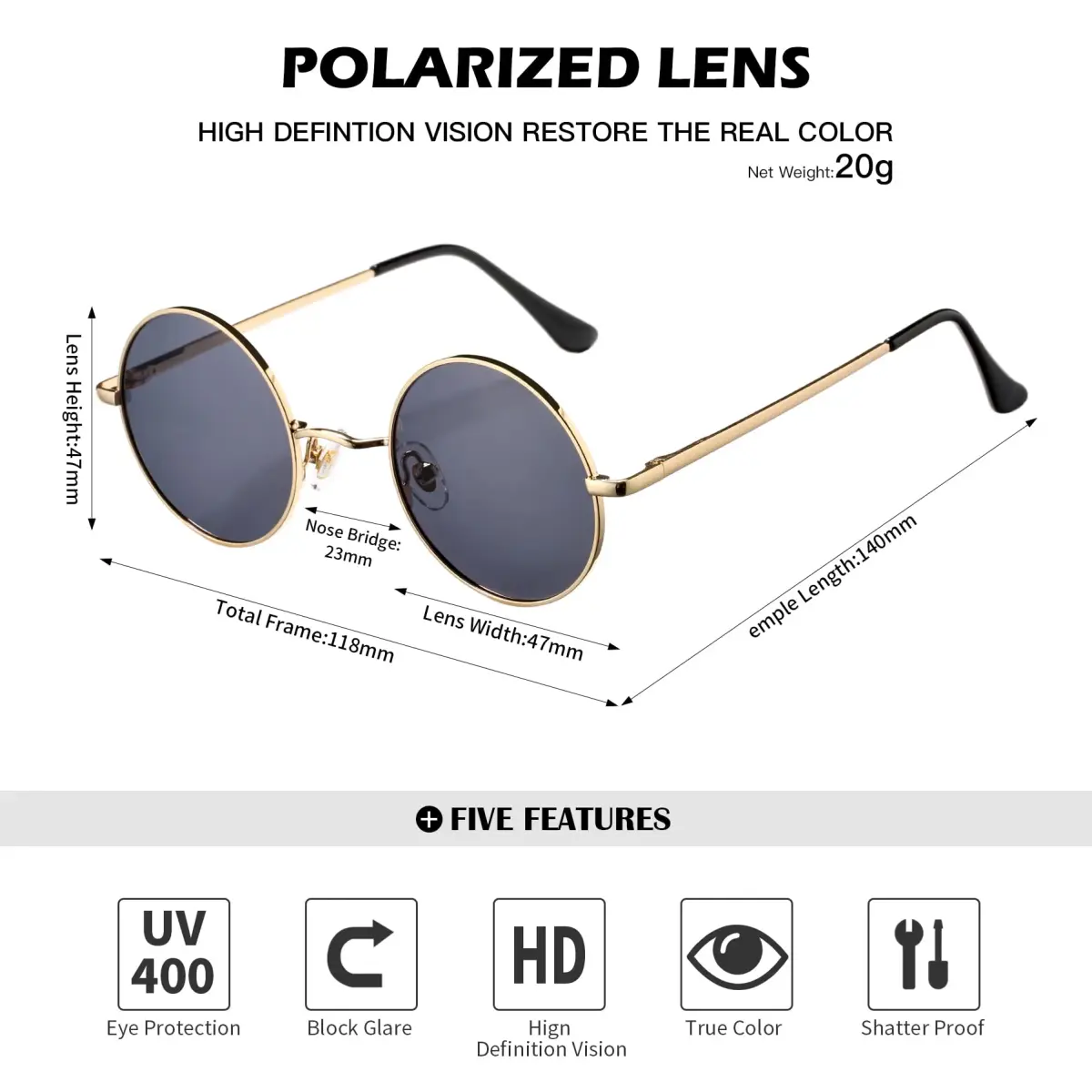 Pro Acme Small Round Polarized Sunglasses: Gold Frame with Black & G15 Lenses, UV400 Protection - view 4