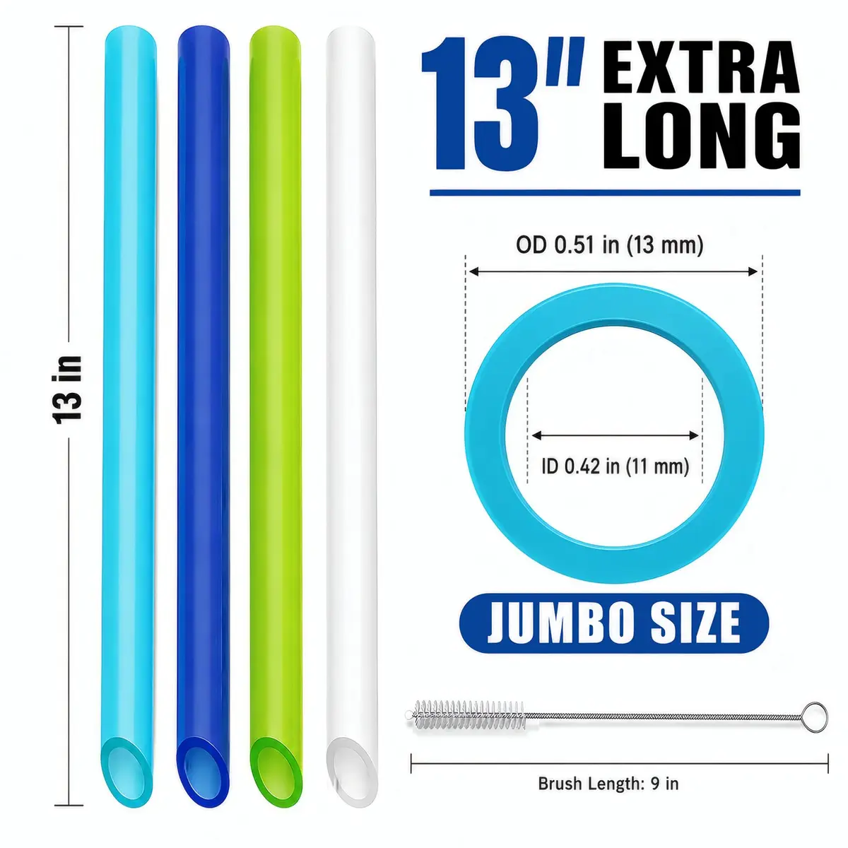 ALINK 12 Pcs Reusable Boba Straws, 13-inch Extra Long Wide Smoothie Straws | Jumbo Diameter for Thick Drinks - view 2