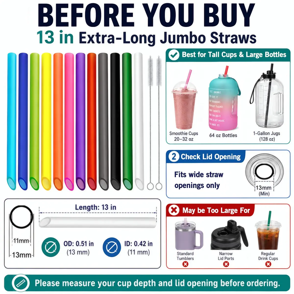 ALINK 12 Pcs Reusable Boba Straws, 13-inch Extra Long Wide Smoothie Straws | Jumbo Diameter for Thick Drinks - view 3