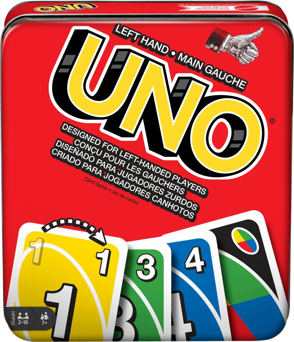 Mattel Games UNO Left Hand Tin Card Game for Family Night with Cards Specially Designed for Left-Handed Players (112 Cards) - main product image