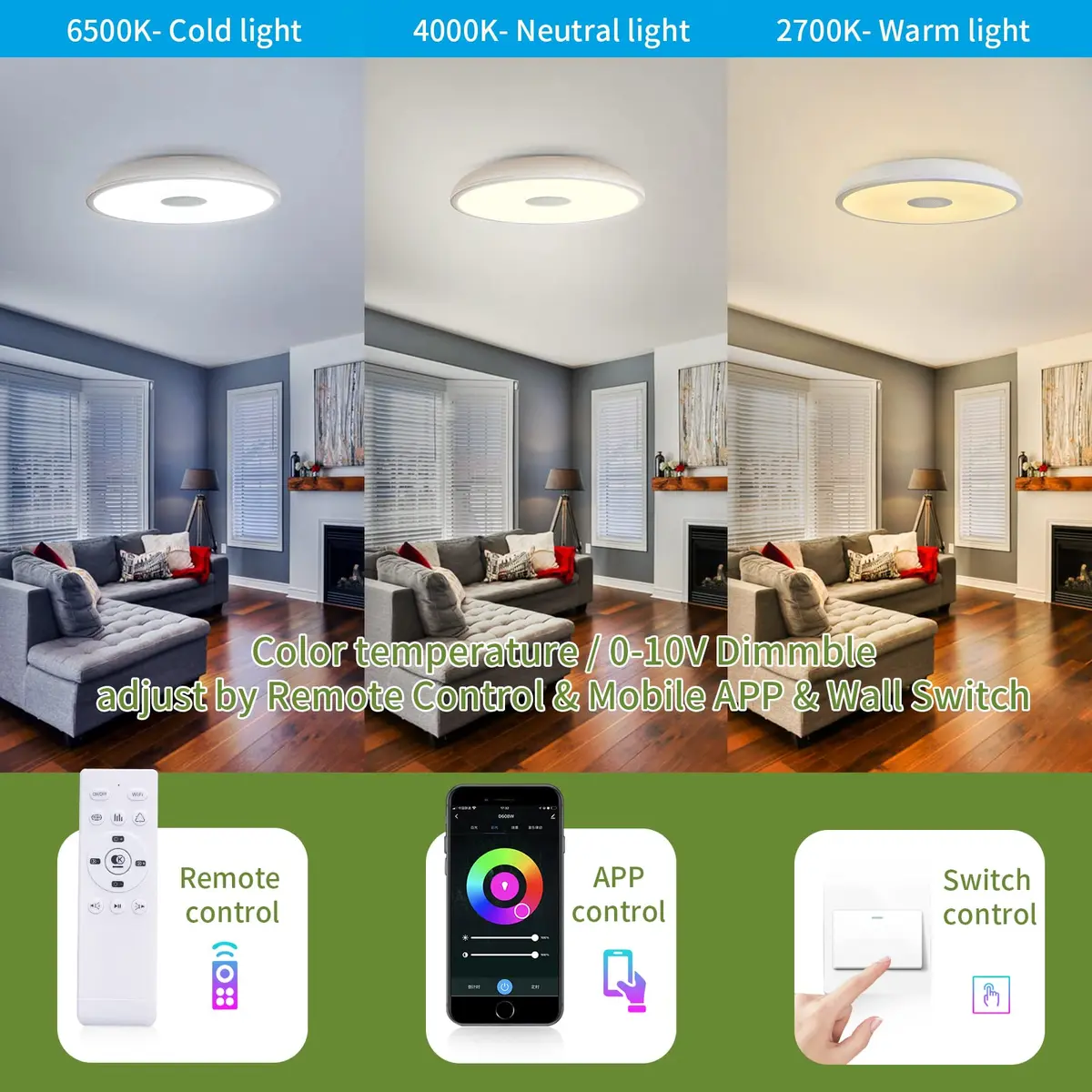 ASALL Smart Waterproof LED Flush Mount Ceiling Light Fixture, 11 inch 18W | RGB Color Changing & Bluetooth Speaker - view 5