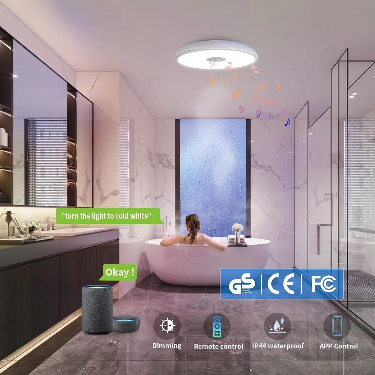 ASALL Smart Waterproof LED Flush Mount Ceiling Light Fixture, 11 inch 18W | RGB Color Changing & Bluetooth Speaker - view 2