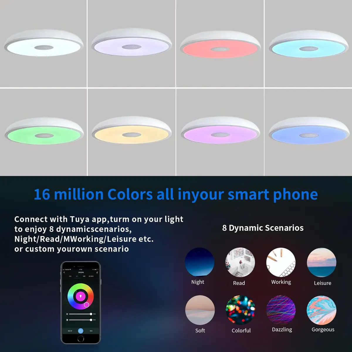 ASALL Smart Waterproof LED Flush Mount Ceiling Light Fixture, 11 inch 18W | RGB Color Changing & Bluetooth Speaker - view 3