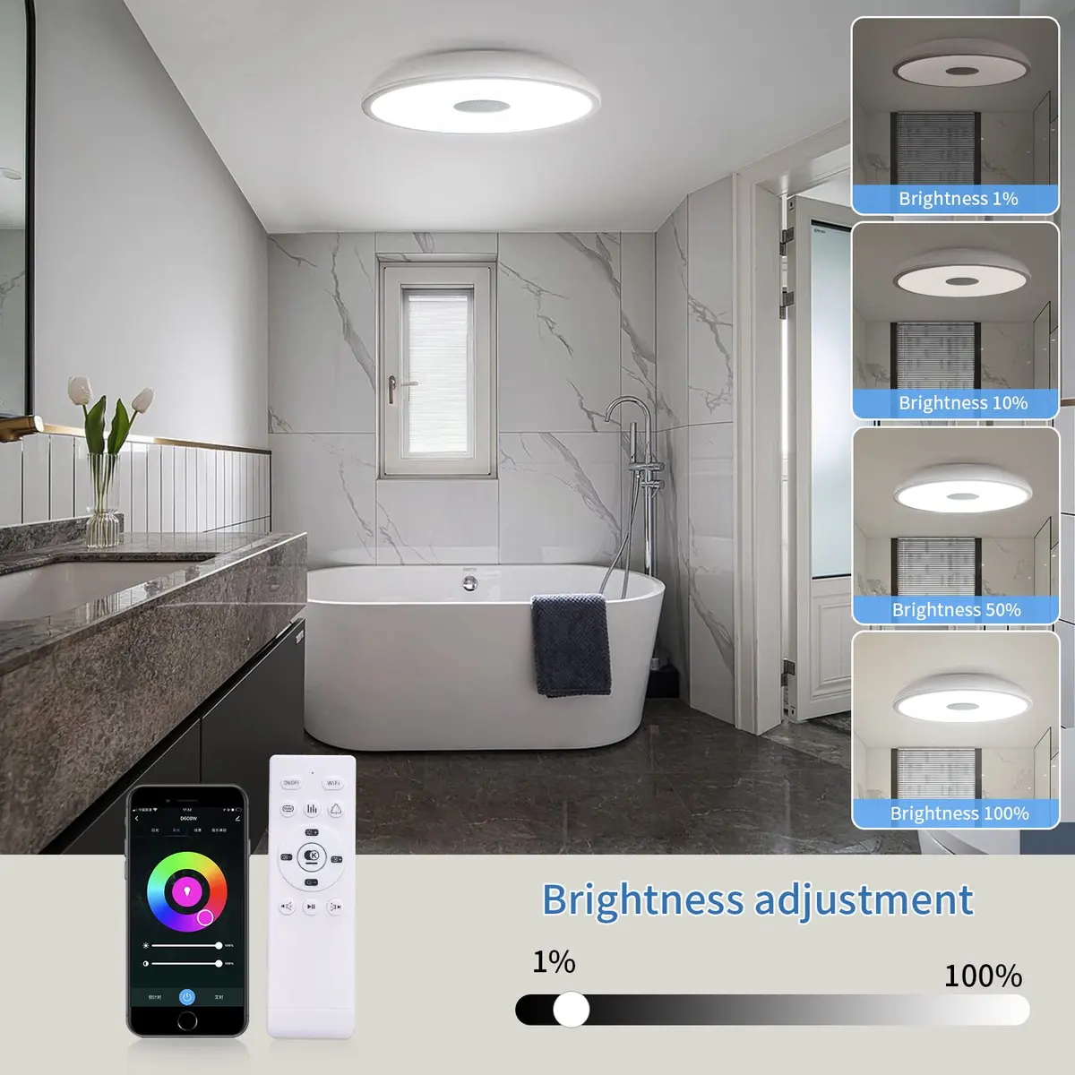 ASALL Smart Waterproof LED Flush Mount Ceiling Light Fixture, 11 inch 18W | RGB Color Changing & Bluetooth Speaker - view 4