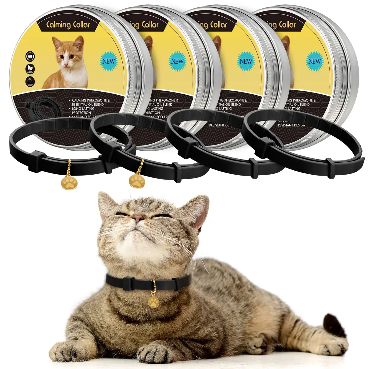Weewooday 4pcs Black Cat Calming Collar with Pendants 38cm (15 Inches) | Pheromone-Infused for Stress & Anxiety Relief - main product image