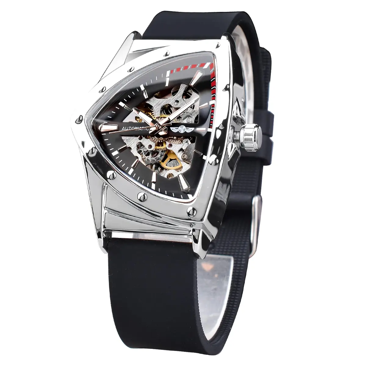 FORSINING Skeleton Watch for Men, Automatic Mechanical, Triangle Dial, 43mm Diameter, 20mm Wide Silicone Strap - main product image