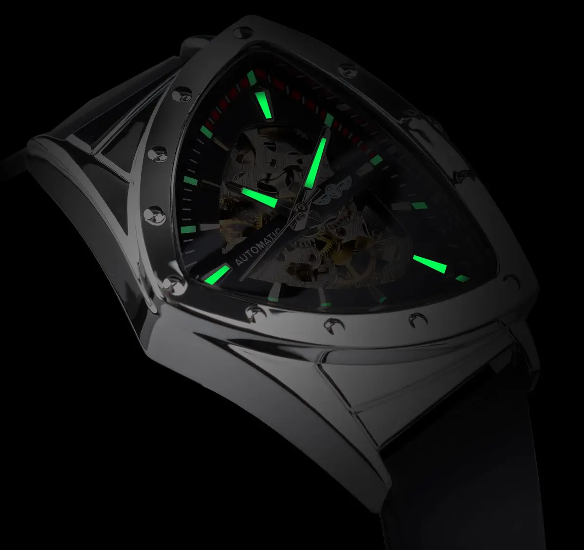 FORSINING Skeleton Watch for Men, Automatic Mechanical, Triangle Dial, 43mm Diameter, 20mm Wide Silicone Strap - view 6