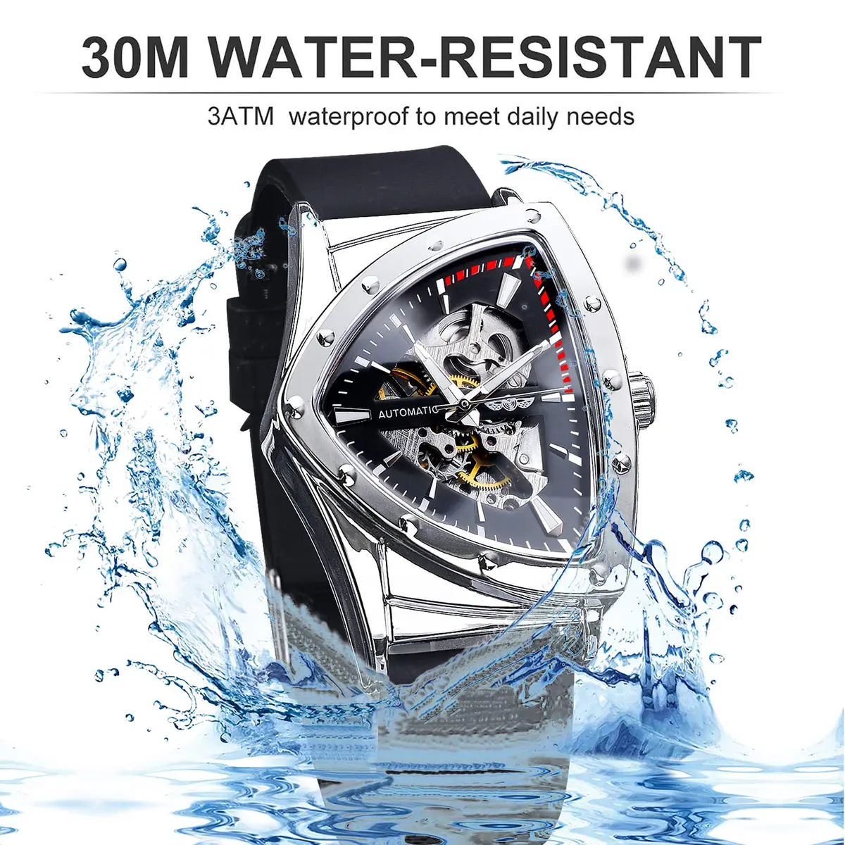 FORSINING Skeleton Watch for Men, Automatic Mechanical, Triangle Dial, 43mm Diameter, 20mm Wide Silicone Strap - view 7
