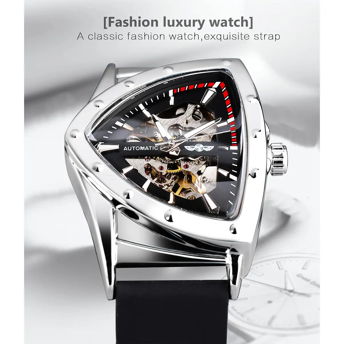 FORSINING Skeleton Watch for Men, Automatic Mechanical, Triangle Dial, 43mm Diameter, 20mm Wide Silicone Strap - view 2